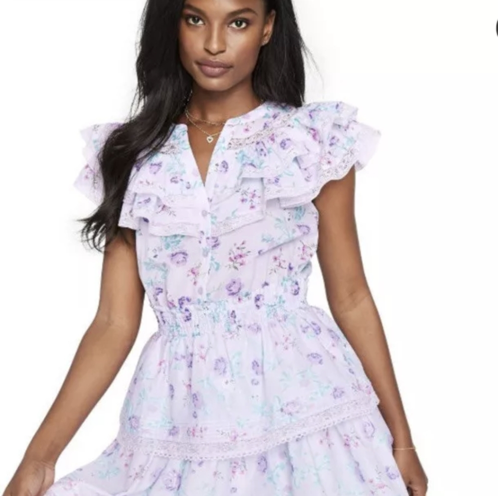 LoveShackFancy Floral Ruffle Mini Dress in Lavender and Pink